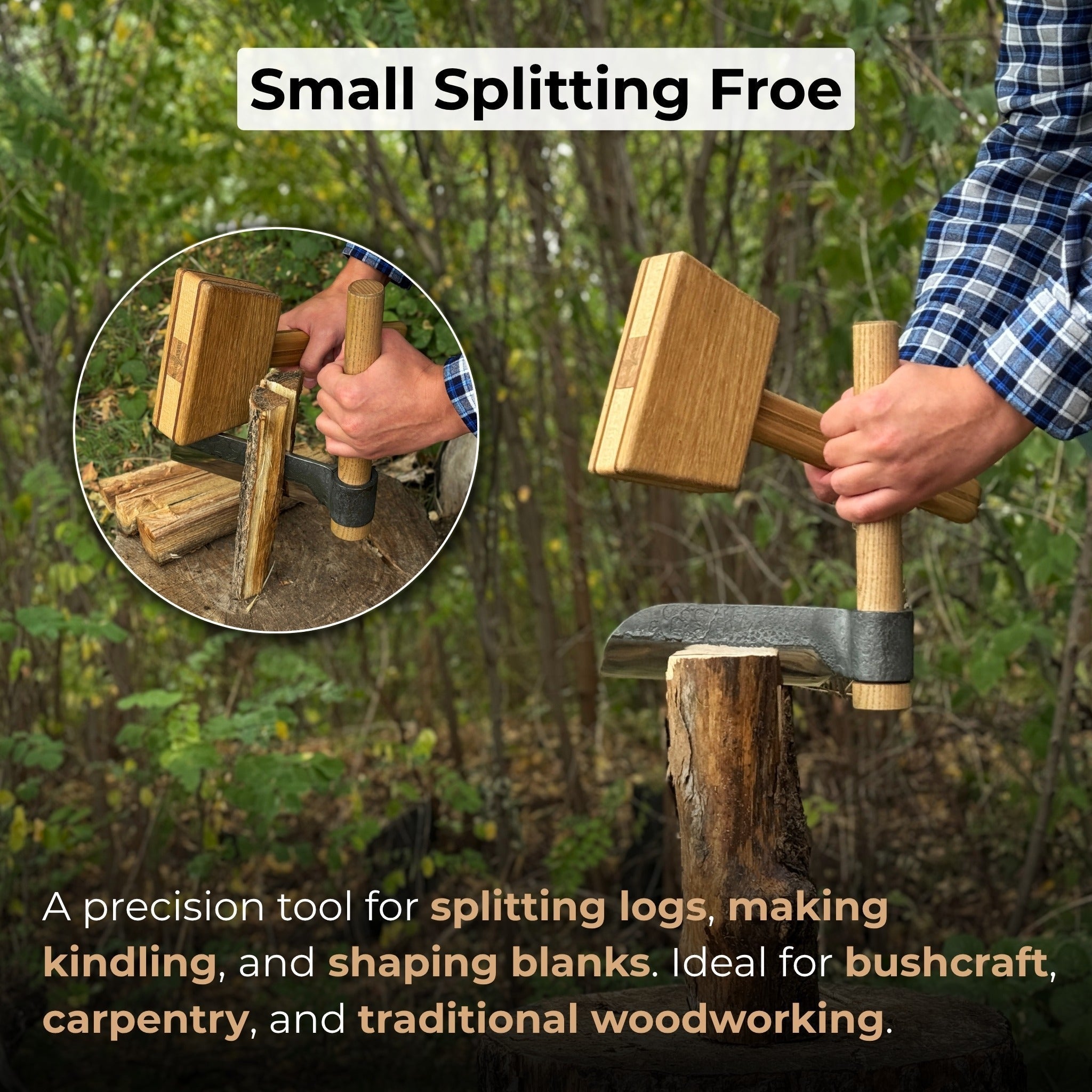 Hand-forged splitting froe with 15.5 cm carbon steel blade and ash wood handle
