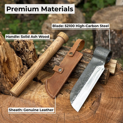 Hand-forged splitting froe with 15.5 cm carbon steel blade and ash wood handle