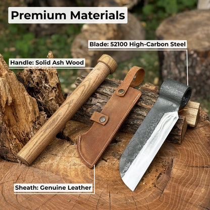 Hand-forged splitting froe with 15.5 cm carbon steel blade and ash wood handle