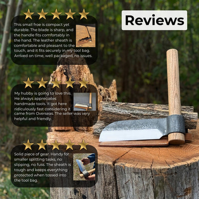 Hand-forged splitting froe with 15.5 cm carbon steel blade and ash wood handle