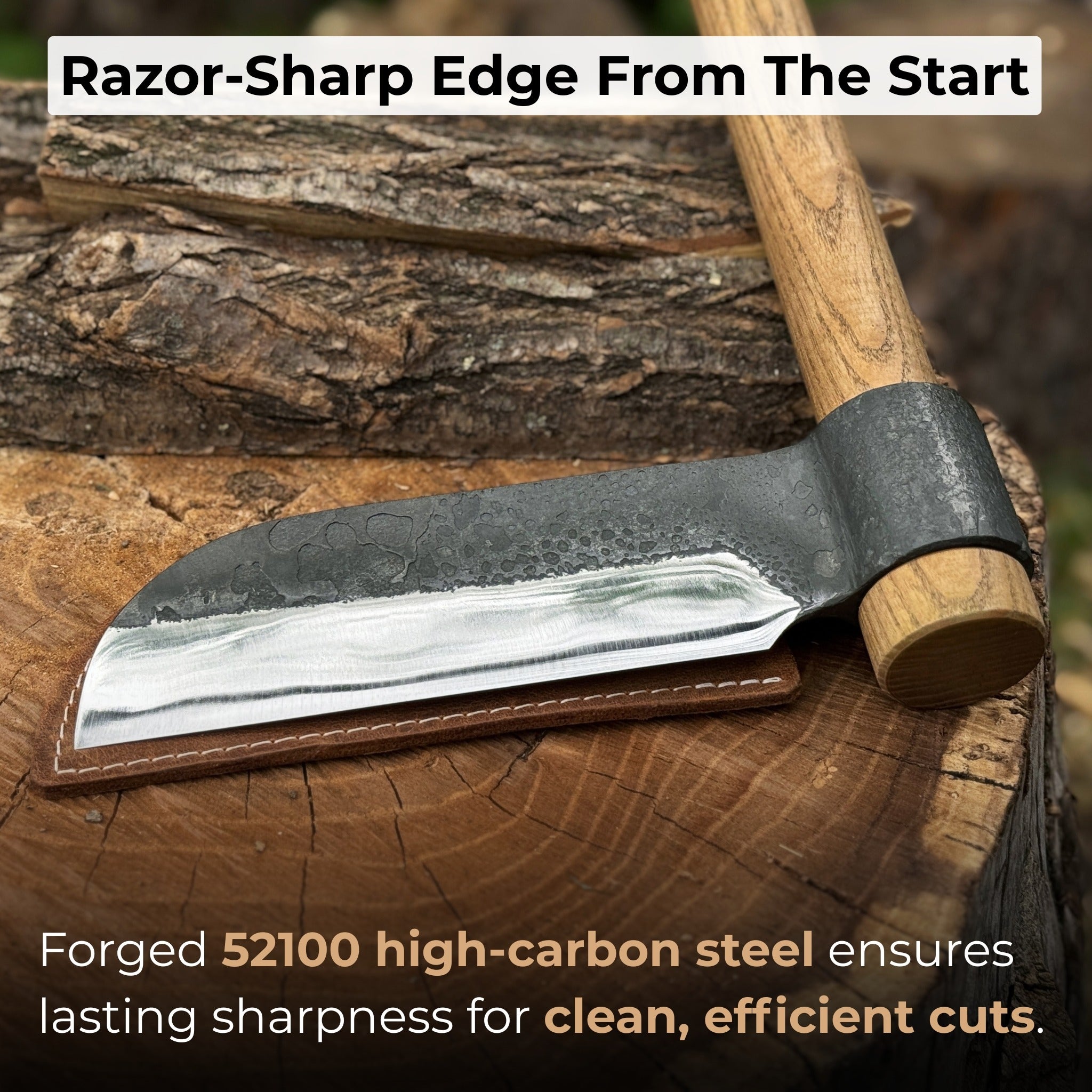 Hand-forged splitting froe with 15.5 cm carbon steel blade and ash wood handle