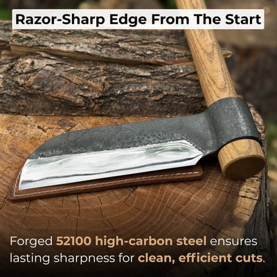 Hand-forged splitting froe with 15.5 cm carbon steel blade and ash wood handle
