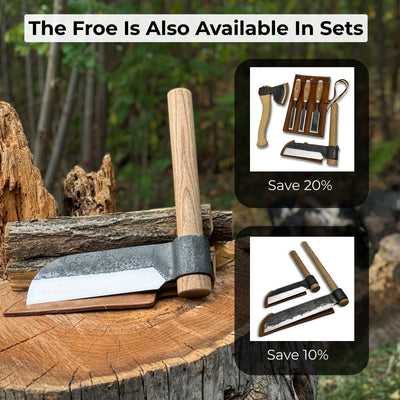 Hand-forged splitting froe with 15.5 cm carbon steel blade and ash wood handle