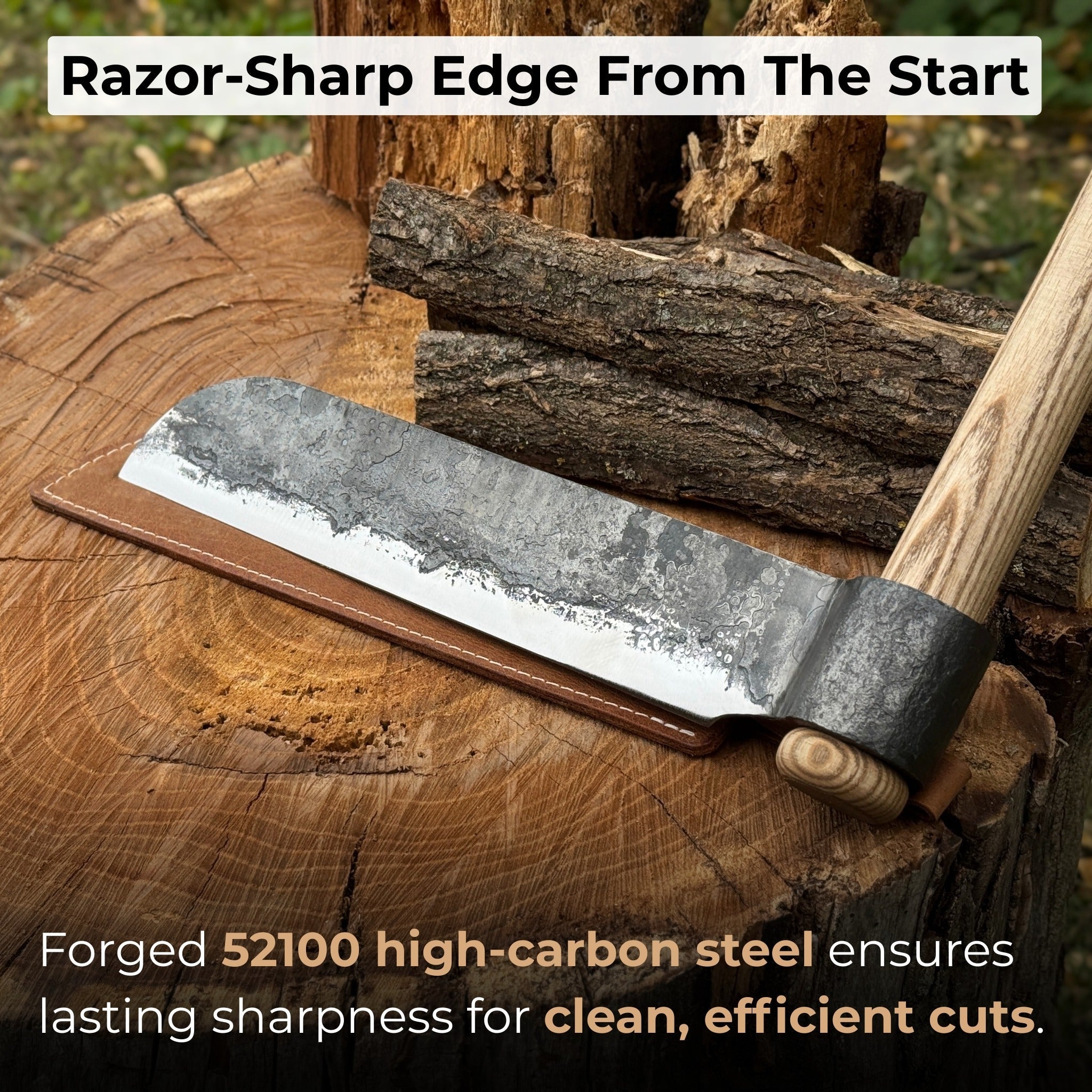 Hand-forged splitting froe with 25.5 cm blade and ash wood handle