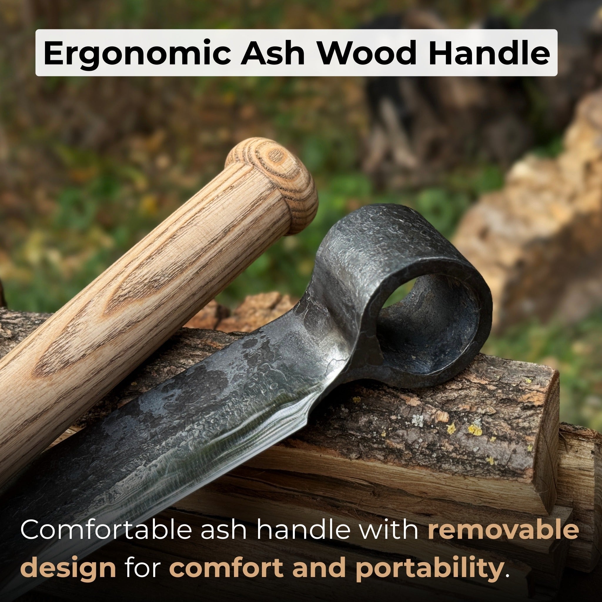 Hand-forged splitting froe with 25.5 cm blade and ash wood handle