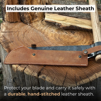 Hand-forged splitting froe with 25.5 cm blade and ash wood handle