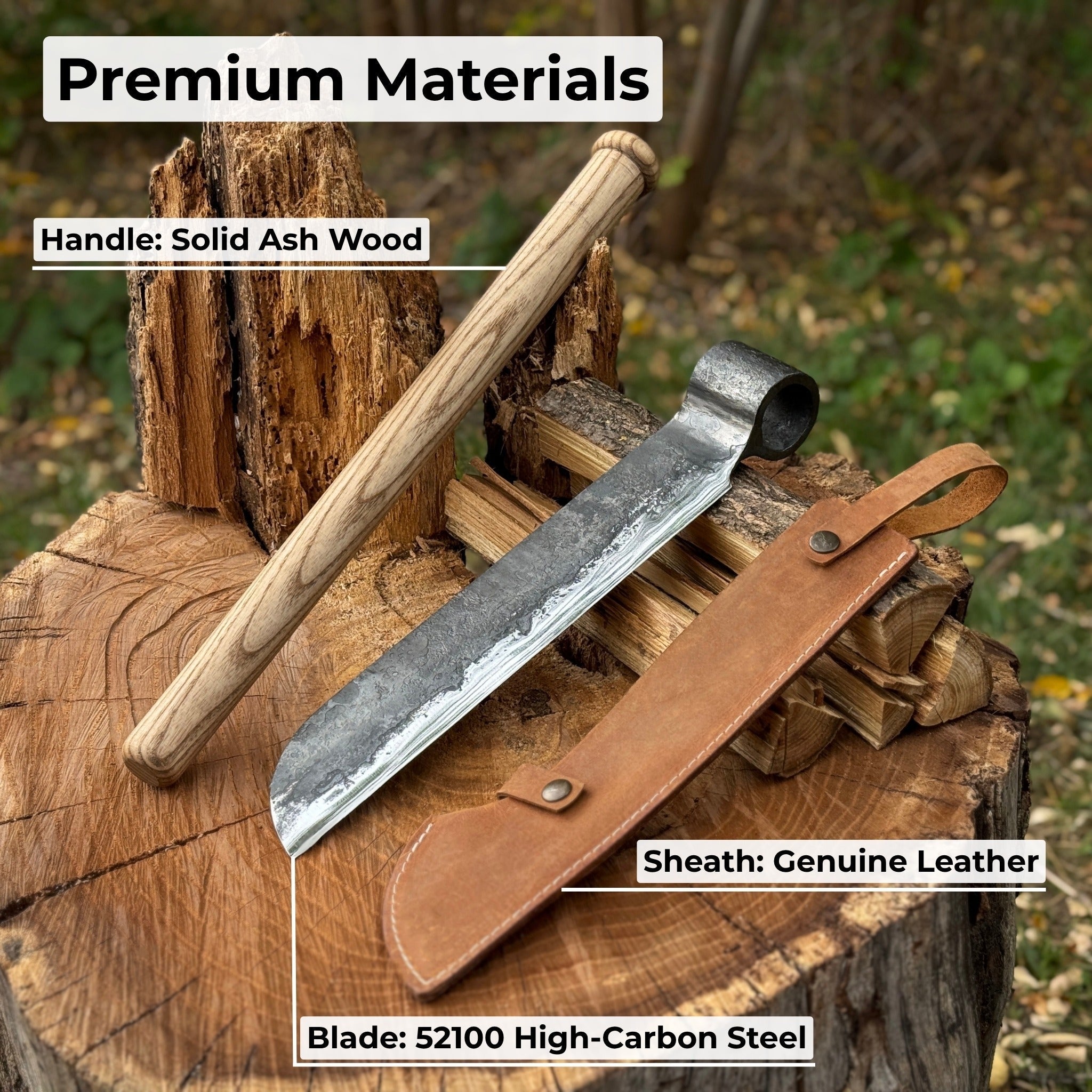 Hand-forged splitting froe with 25.5 cm blade and ash wood handle