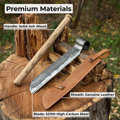 Hand-forged splitting froe with 25.5 cm blade and ash wood handle