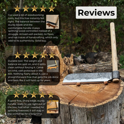 Hand-forged splitting froe with ash wood handle and leather sheath