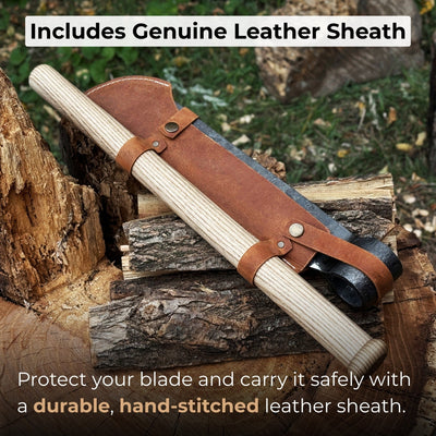 Hand-forged splitting froe with ash wood handle and leather sheath