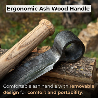 Hand-forged splitting froe with ash wood handle and leather sheath