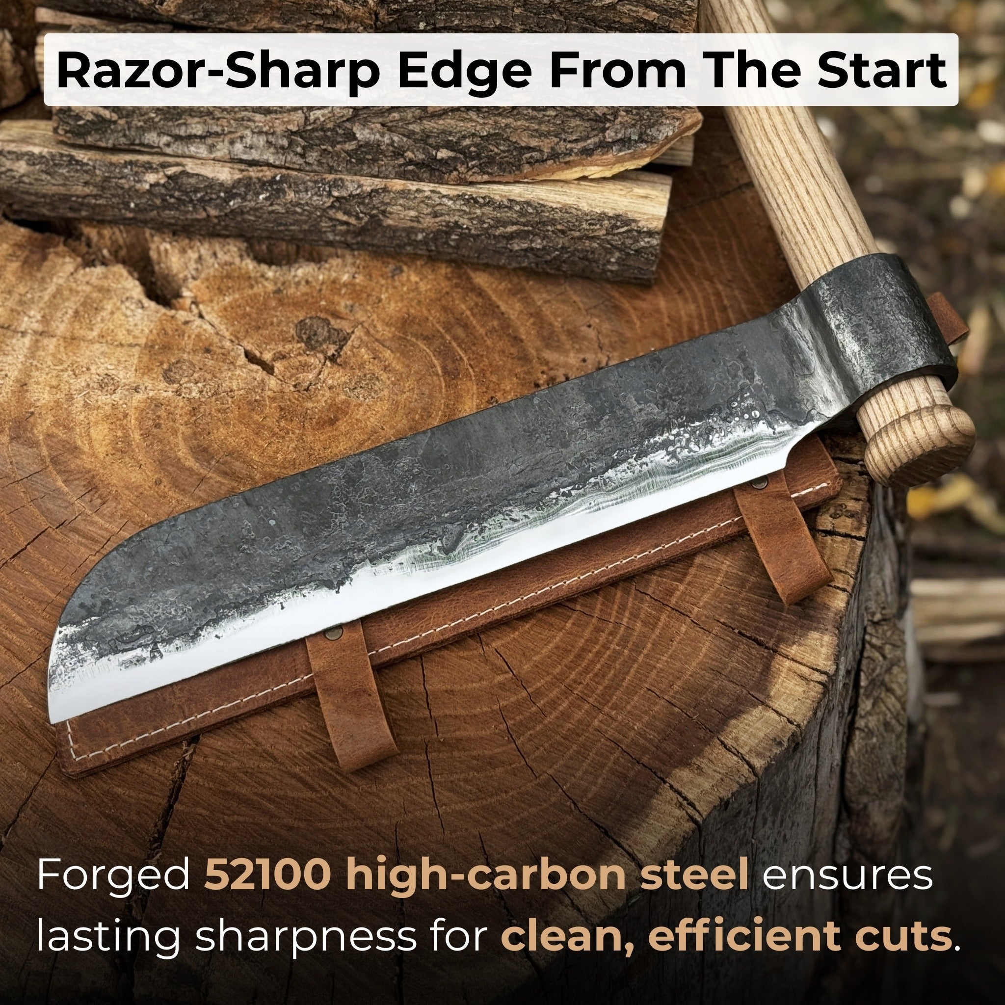 Hand-forged splitting froe with ash wood handle and leather sheath