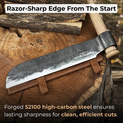 Hand-forged splitting froe with ash wood handle and leather sheath