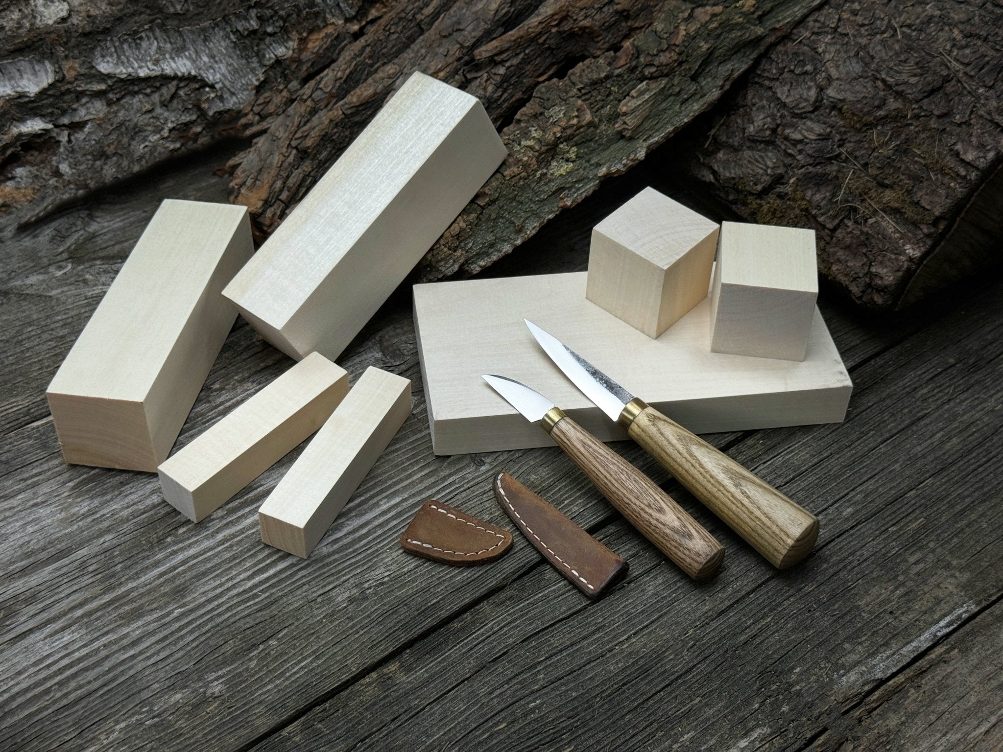 Hand-forged wood carving tool set with two knives and wooden blanks