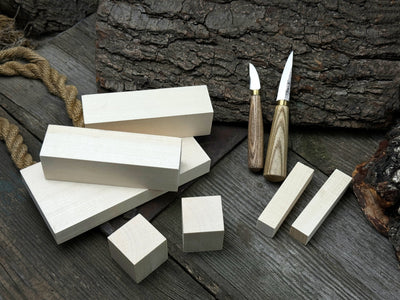 Hand-forged wood carving tool set with two knives and wooden blanks