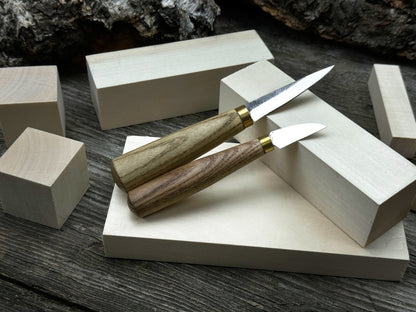 Hand-forged wood carving tool set with two knives and wooden blanks