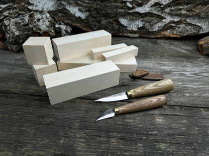 Hand-forged wood carving tool set with two knives and wooden blanks