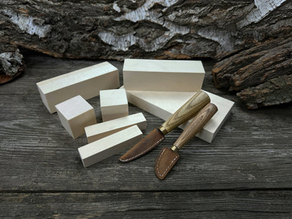 Hand-forged wood carving tool set with two knives and wooden blanks