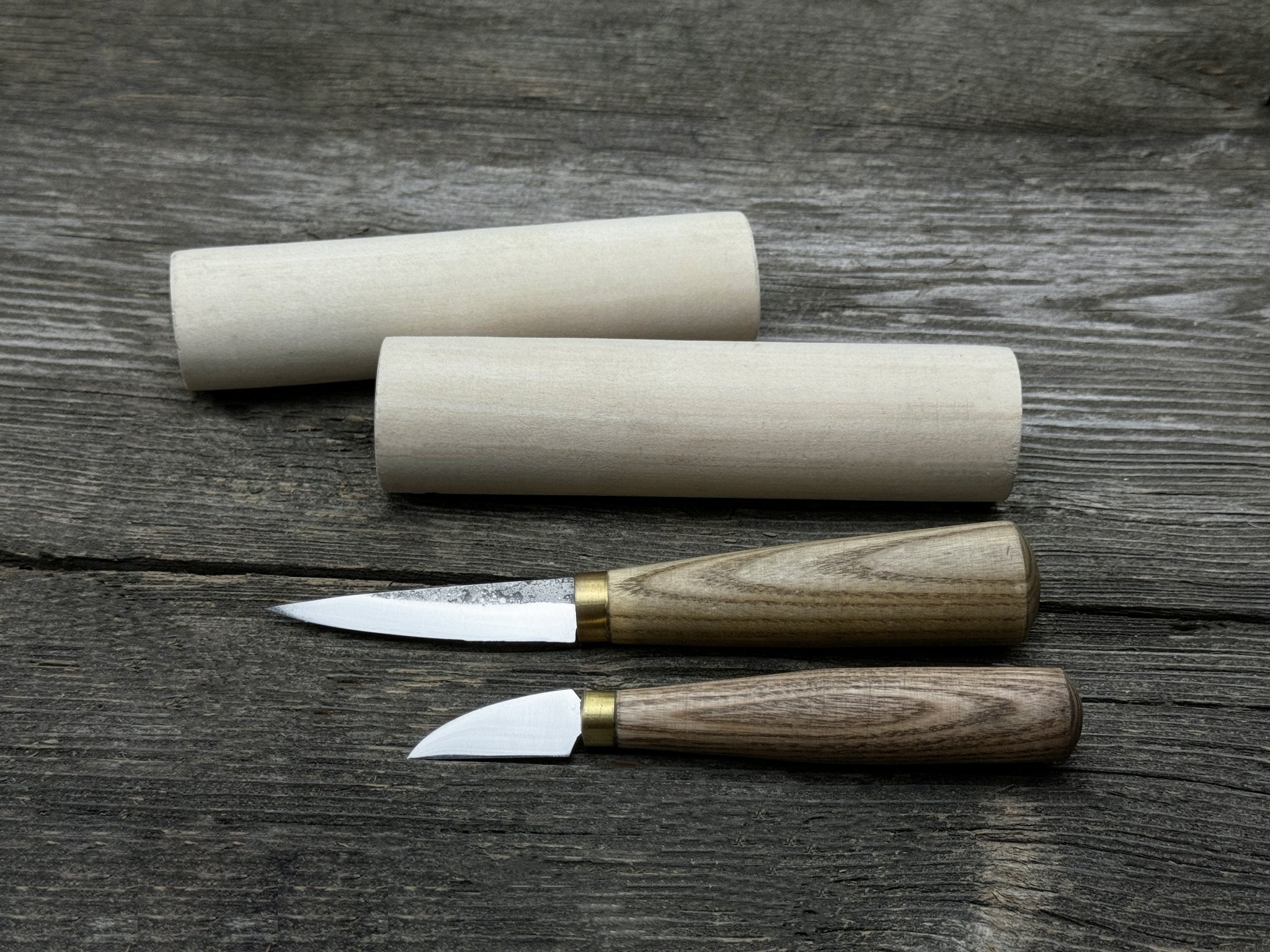 Hand-forged wood carving tool set with two knives and wooden blanks by Sharky Forged Steel Tools