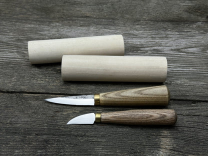 Hand-forged wood carving tool set with two knives and wooden blanks by Sharky Forged Steel Tools