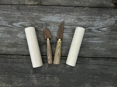 Hand-forged wood carving tool set with two knives and wooden blanks by Sharky Forged Steel Tools