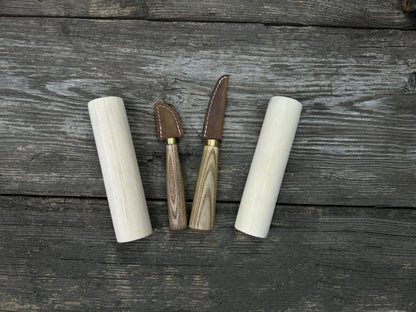 Hand-forged wood carving tool set with two knives and wooden blanks by Sharky Forged Steel Tools