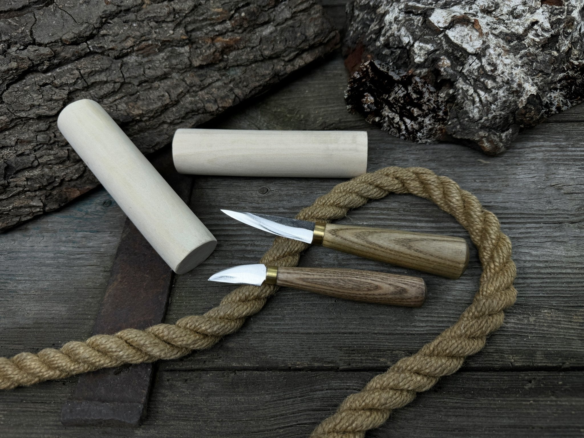 Hand-forged wood carving tool set with two knives and wooden blanks by Sharky Forged Steel Tools