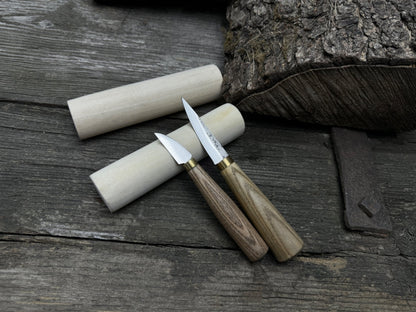 Hand-forged wood carving tool set with two knives and wooden blanks by Sharky Forged Steel Tools