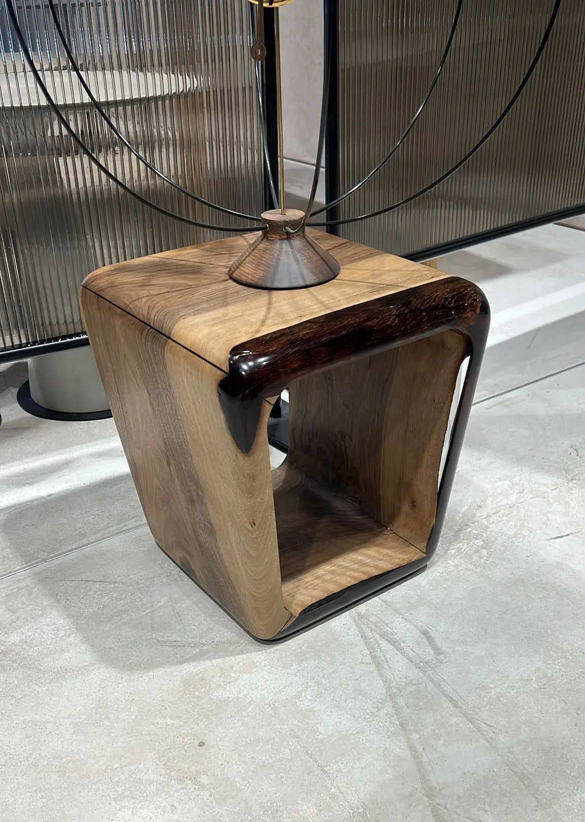 Handcrafted Resin Side Magazine Table Stool made from wood with a modern minimalist design
