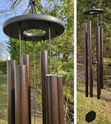 Amish handmade aluminum wind chimes in various sizes hanging outdoors