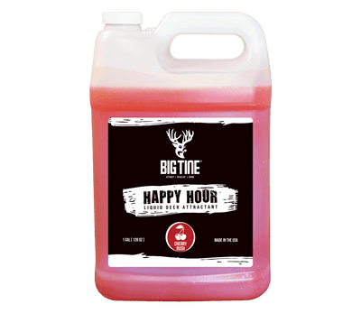 BIG TINE HAPPY HOUR Liquid Mineral Attractant front and back label and bottle photo