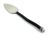 Cheese knife with a stainless steel triangular blade and a curved black handle ending in silver rings and a decorative cap.
