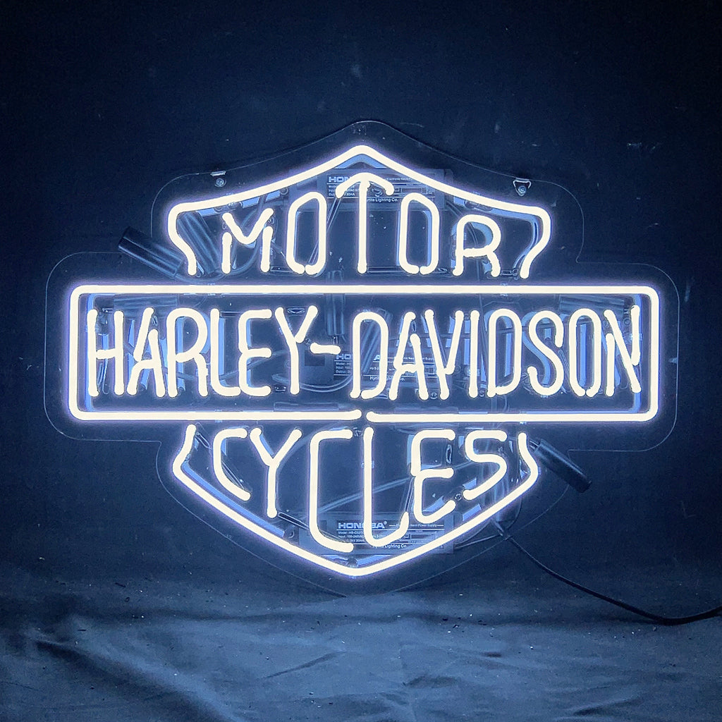 White Harley Davidson Motorcycle Neon Sign Light glowing on metal grid backing