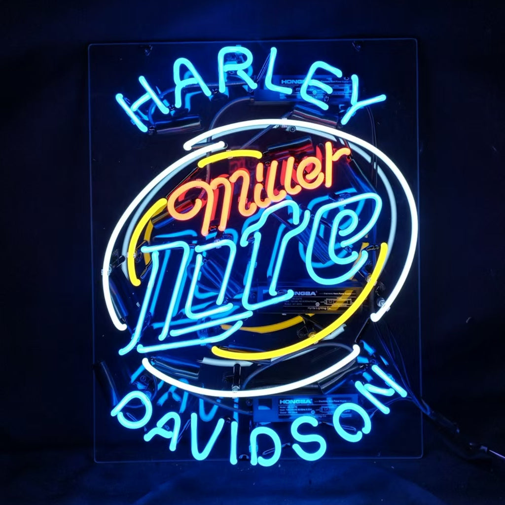 Neon sign with blue 'HARLEY' and 'DAVIDSON' lettering surrounding a red and blue 'Miller Lite' logo encircled by white and yellow neon rings.