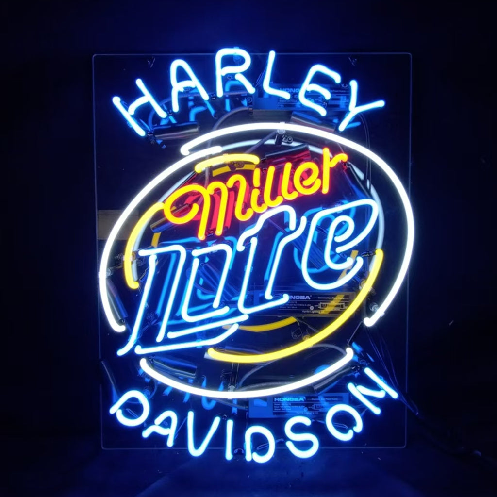 Harley Davidson Miller Lite Neon Sign glowing indoors with acrylic backing and metal chain hanger.