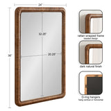 Rectangular mirror with a 24x36 inch size, surrounded by a dark natural finish rattan frame featuring a beaded wrap design and D-ring hangers for vertical or horizontal mounting.