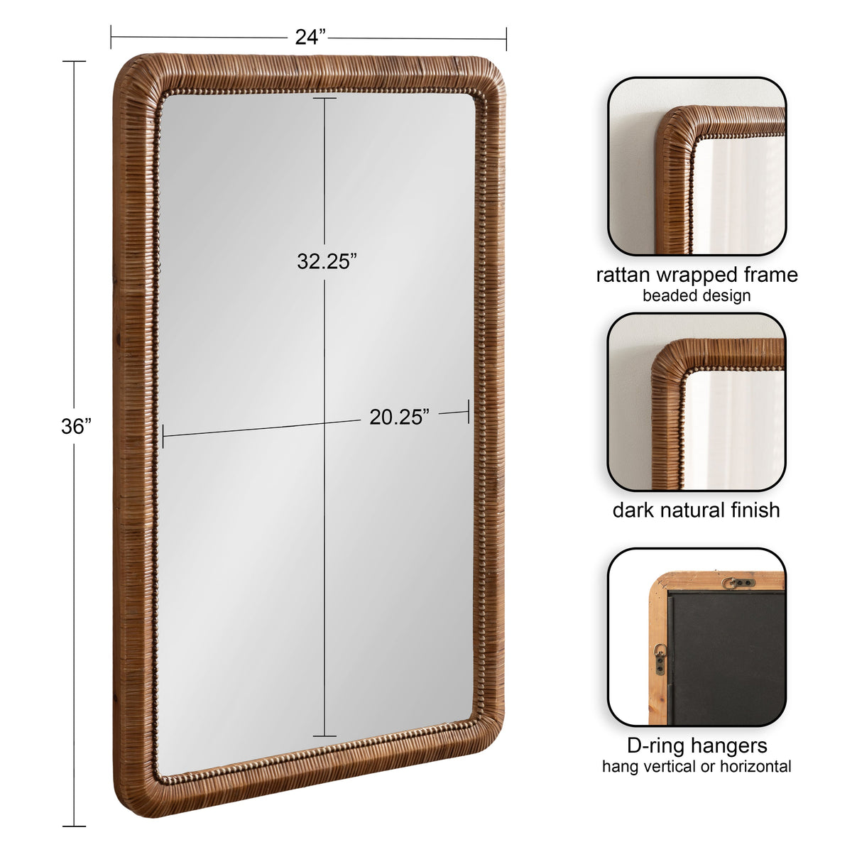 Rectangular mirror with a 24x36 inch size, surrounded by a dark natural finish rattan frame featuring a beaded wrap design and D-ring hangers for vertical or horizontal mounting.