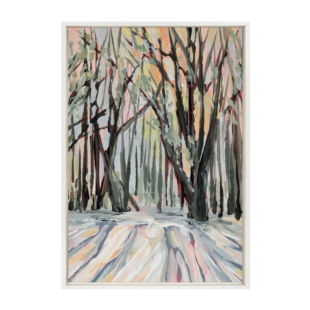 Abstract expressionist painting of a snowy forest with tall, bare trees and long shadows in muted green, gray, pink, and orange tones, framed in light wood.