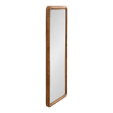 Tall rectangular mirror with a warm brown wood frame featuring a beaded edge detail and rounded corners, shown angled against a white background.