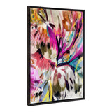 Abstract floral design featuring bold strokes of pink, purple, orange, and teal with hints of white and black, framed in a slim black border.