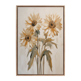 Three large sunflowers with muted yellow petals and dark centers, accompanied by green leaves, depicted on a soft beige background within a textured frame.
