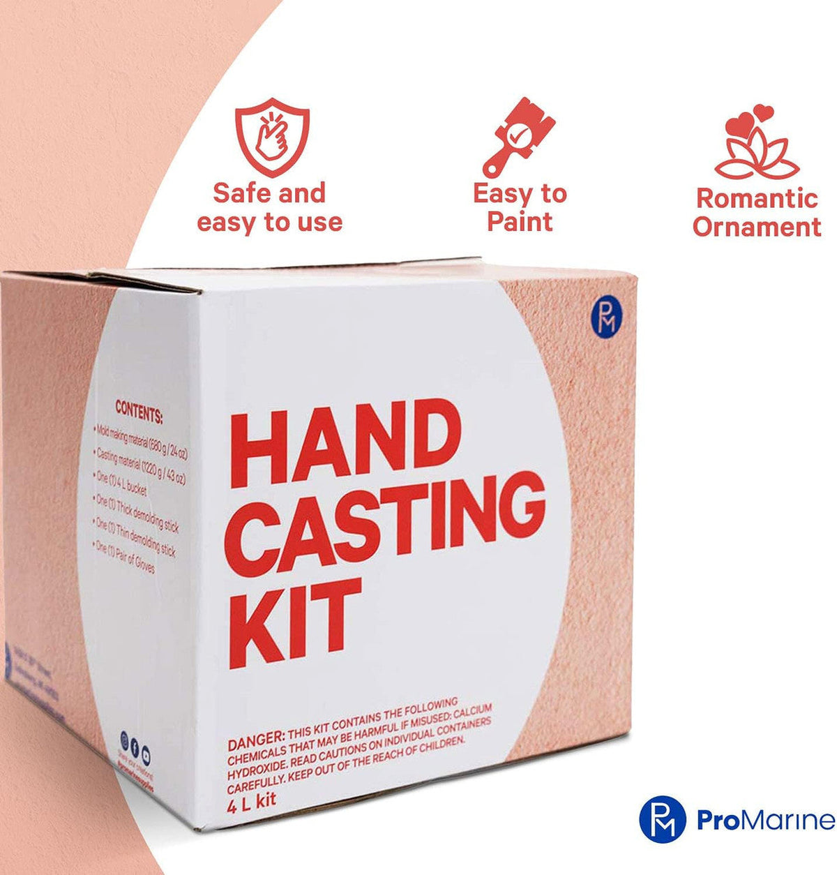 White and peach colored box of a 4L 'Hand Casting Kit' by ProMarine with red text and icons highlighting safety, ease of painting, and romantic ornament use.
