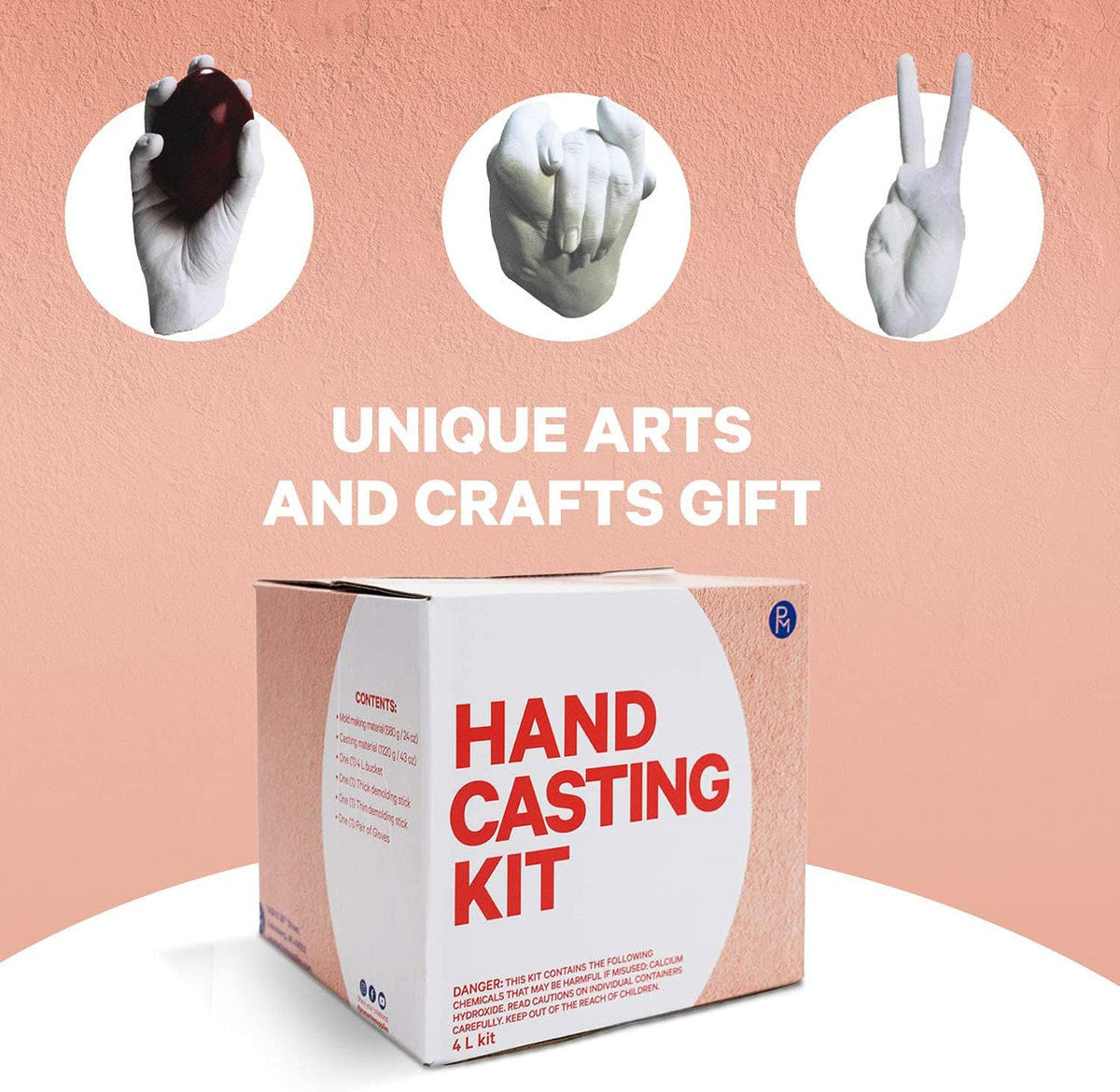 Box labeled 'Hand Casting Kit' with three white hand sculptures displaying various gestures above it against a peach background.