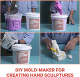 Four-panel collage showing purple liquid mixed in a measuring cup and poured into a hand casting kit container, followed by a white hand mold being shaped with a yellow tool on a blue background.