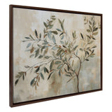 Abstract painting of olive tree branches with green and muted brown leaves on a beige and cream textured background, in a dark wooden frame.