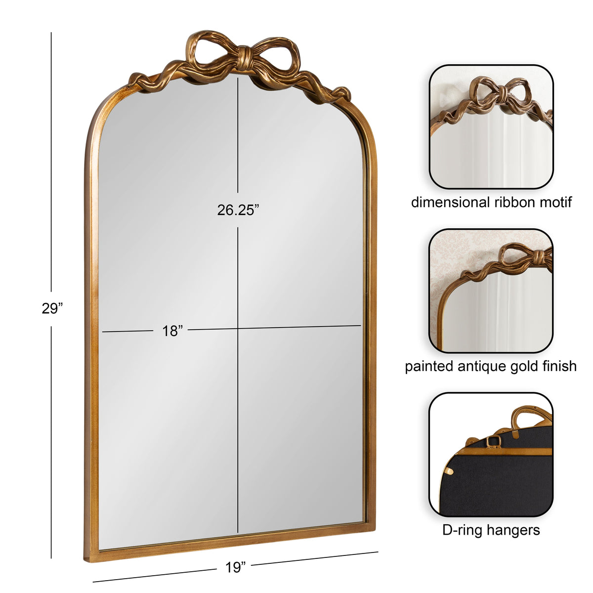 Arched mirror with an antique gold frame featuring a dimensional ribbon motif at the top, measuring 29 by 19 inches, with D-ring hangers on the back.