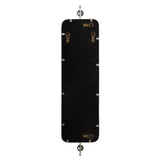 Back of a tall, rectangular mirror with rounded corners, black backing, metal hanging hardware, and two spherical silver wall mounts at top and bottom.
