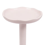 Pale pink scalloped-edge round table top with a smooth finish, supported by a single cylindrical pedestal base in matching color.
