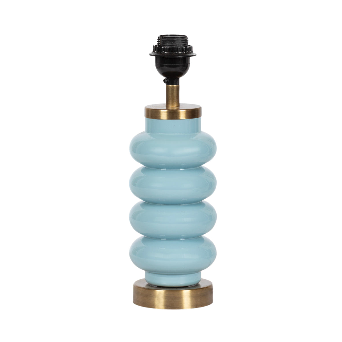 Table lamp base with stacked rounded blue ceramic sections and brass accents, shown without a lampshade against a white background.