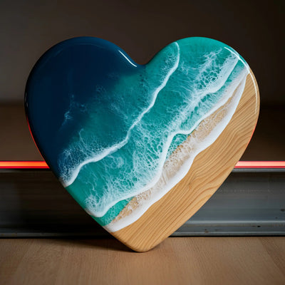 Handcrafted ocean resin heart wall art with blue resin waves on pine wood